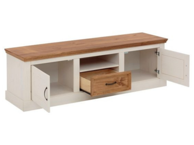 Rack com 1,60 metros com 1 gaveta 2 portas e nicho para sala de Tv na cor branco lavado e cera / Coleção England